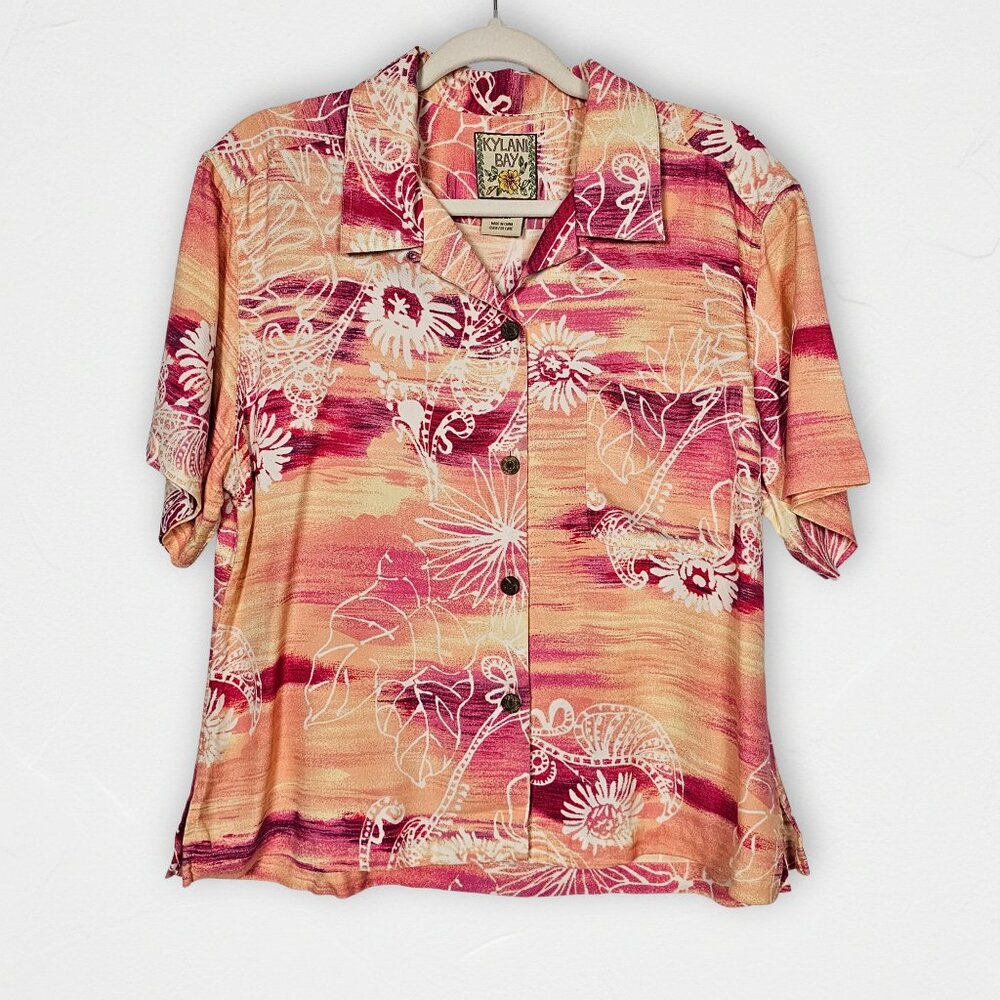 Kylani Bay 100% Silk Tropical Floral Button Shirt Blouse Pink Orange Size L